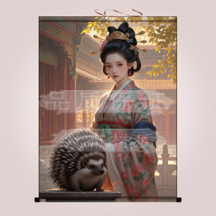 刺猬真身白娘娘挂画东北堂口神像装饰画白家教主客厅招财卷轴画