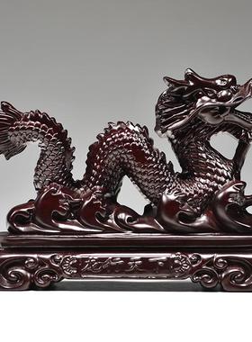 黑檀木质飞龙摆件实木雕刻龙腾四海生肖家居客厅装饰红木制工艺品