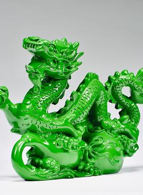 绿色木质飞龙雕刻摆件实木头龙缺角补角木制青龙客厅电视柜装饰品