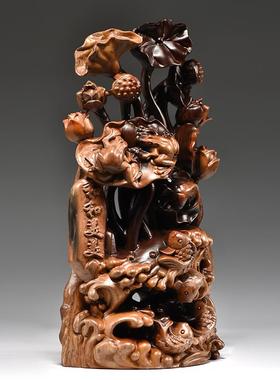 黑檀实木年年有鱼根雕摆件工艺品荷花鱼木雕动物中式家居饰品装饰