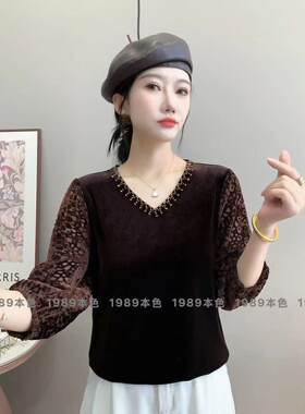 BS1989秋冬季款轻奢金丝绒V领八分袖时尚百搭打底短女衫