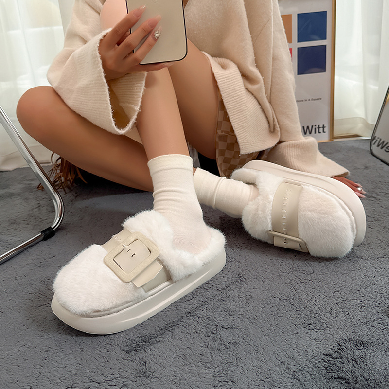 跨境毛毛拖女外穿2025冬季新款室内舒适皮带扣保暖毛绒拖鞋