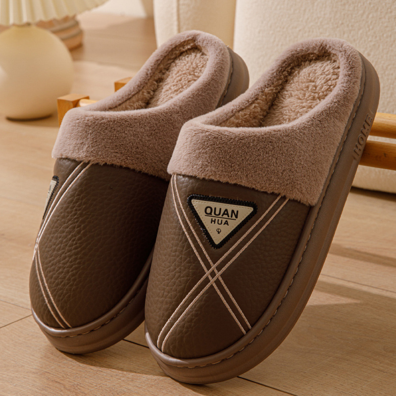 男士棉拖鞋PU皮面保暖2024新款秋冬季防滑EVA厚底防水拖鞋女冬天
