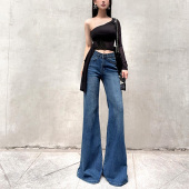 长裤 女高个子柔软拖地阔腿裤 蓝色不贴腿宽松微喇叭牛仔裤 杨杨