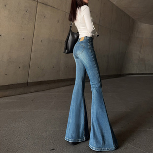 女春秋高个子蜜桃提臀弹力显瘦长裤 杨杨 蓝色紧身大喇叭牛仔裤