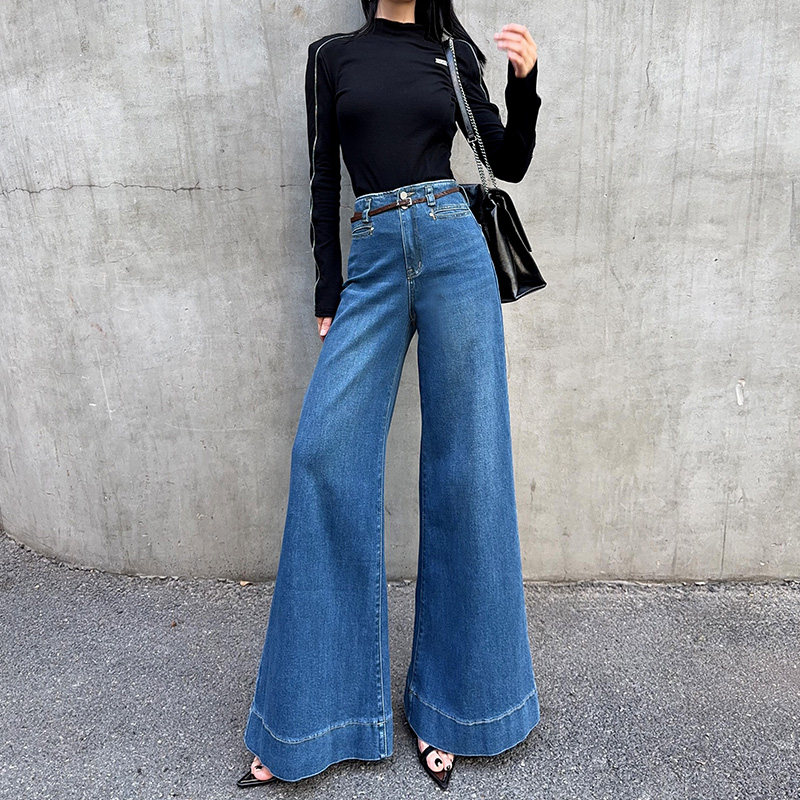 杨杨 复古蓝色高腰阔腿喇叭牛仔裤女春季梨形大裤脚宽边直筒长裤,女装/女士精品,牛仔裤,淘宝优惠券,粉丝福利购,淘宝优惠卷