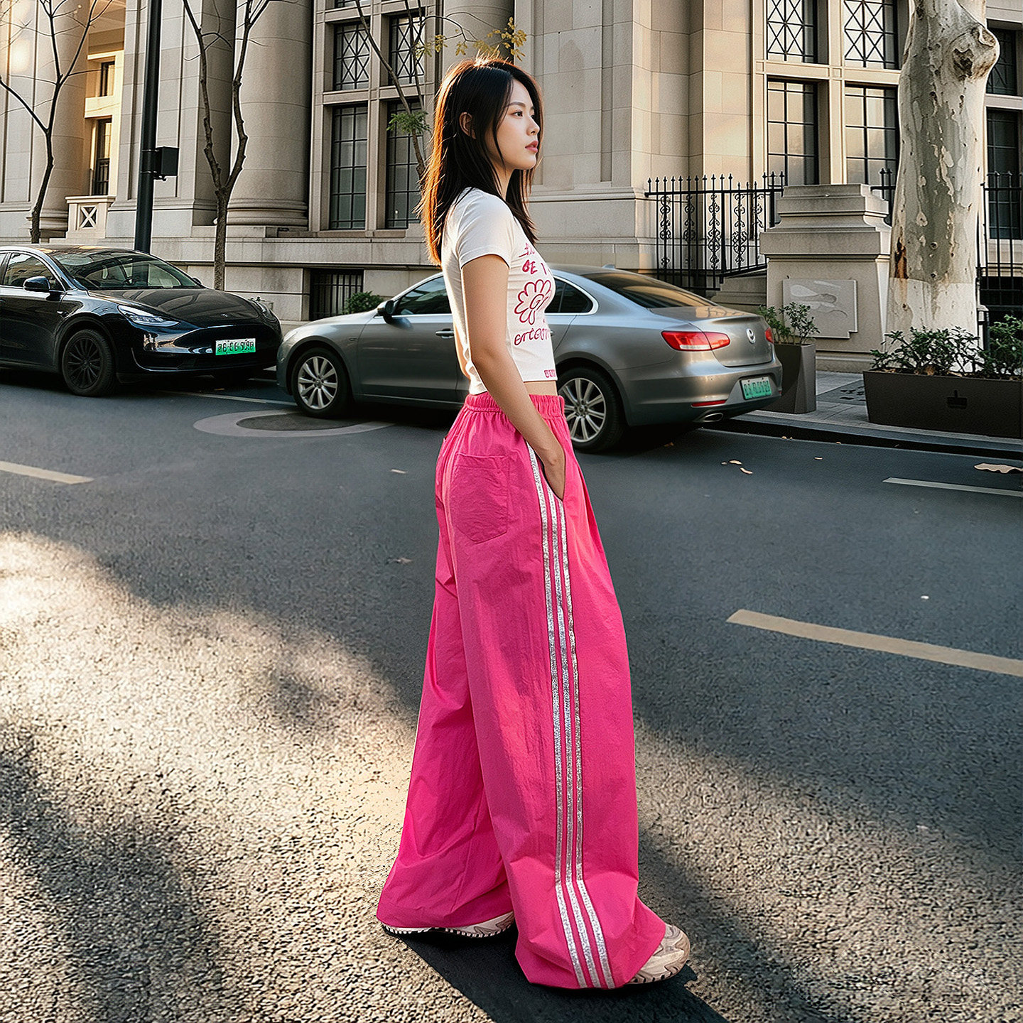 杨杨 经典三条杠玫粉色阔腿裤女夏季薄款速干工装裤休闲拖地长裤