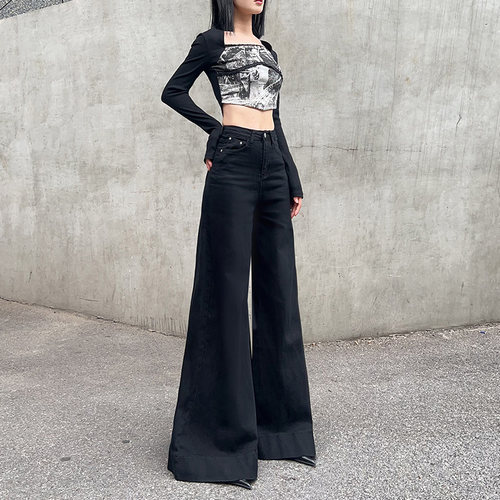 牛仔微喇阔腿裤宽边大裤脚长裤