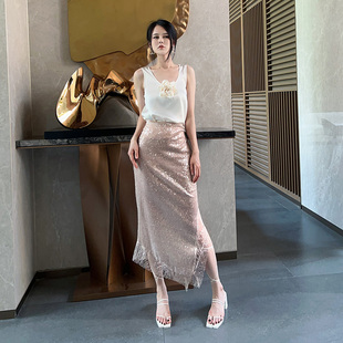 杨杨 不对称抽褶侧开叉直筒中长裙 高定蕾丝拼接亮片半身裙女夏季
