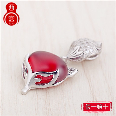 s925纯银项链女石榴石小狐狸红水晶镶钻镀白金吊坠锁骨链礼物饰品