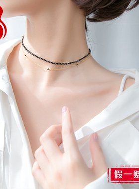 纯银黑色多层生日礼物饰品锁骨链