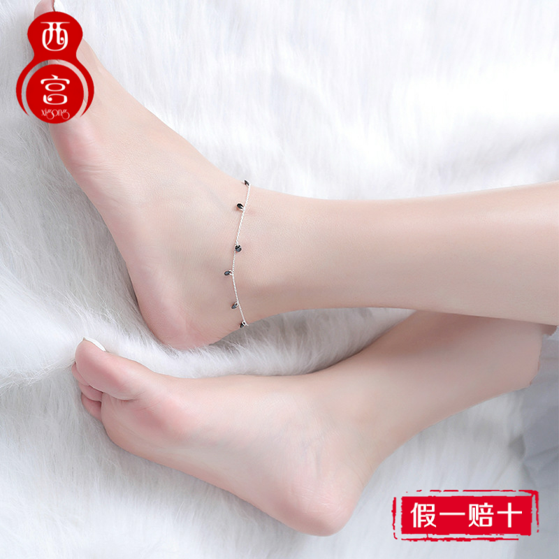 s925纯银脚链女流苏黑曜石圆珠子可爱小清新镶钻镀白金脚饰首饰品