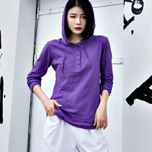2024春秋季新款竹节棉纯棉连帽T恤女长袖宽松卫衣韩版百搭上衣女