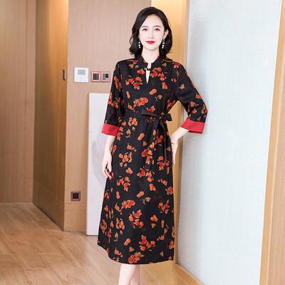 七分袖复古时尚宽松香云纱真丝连衣裙女2025新款桑蚕丝妈妈装裙子