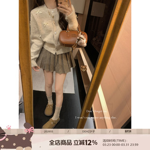 miu系灰色毛衣女 小香风千金风开衫 DDXZ夕子 韩系百搭蝴蝶结针织衫