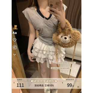 DDXZ夕子 减龄透气基础百搭撞色拼接上衣女 V领假两件短袖 T恤夏季