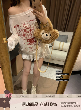 DDXZ夕子慵懒松弛感可露肩罩衫红色字母童趣印花图案薄款长袖T恤