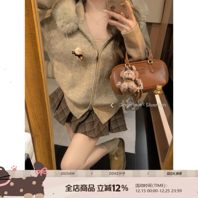 DDXZ夕子连帽毛领双拉链针织开衫