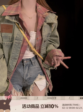 DDXZ夕子浅蓝色重工复古水洗贴标做旧慵懒宽松牛仔外套上衣百搭女