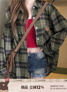 DDXZ夕子韩系慵懒复古学院风墨绿色磨毛贴标格子衬衫长袖百搭宽松