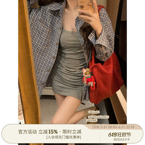 DDXZ夕子韩系蓝色小格子长袖衬衣