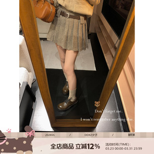 DDXZ夕子 半身裙 学院风复古千鸟格百褶裙显瘦甜妹毛呢配腰带短款