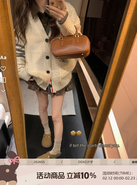 DDXZ夕子 慵懒设计感三条杠杏色针织开衫宽松学院风V领毛衣外套女