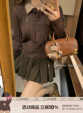 DDXZ夕子复古老钱风毛衣外套领口格子拼接短款小个子刺绣针织衫女