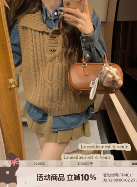 DDXZ夕子韩系学院风polo领纯色象牙扣马甲时尚减龄百搭针织背心女