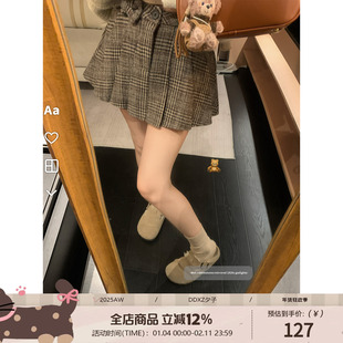 DDXZ夕子 韩系优雅风短款A字半身裙小众设计感格子蝴蝶结百褶裙女