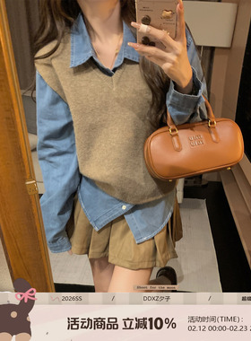 DDXZ夕子 复古学院感V领马甲女宽松纯色叠穿百搭文艺风针织背心女