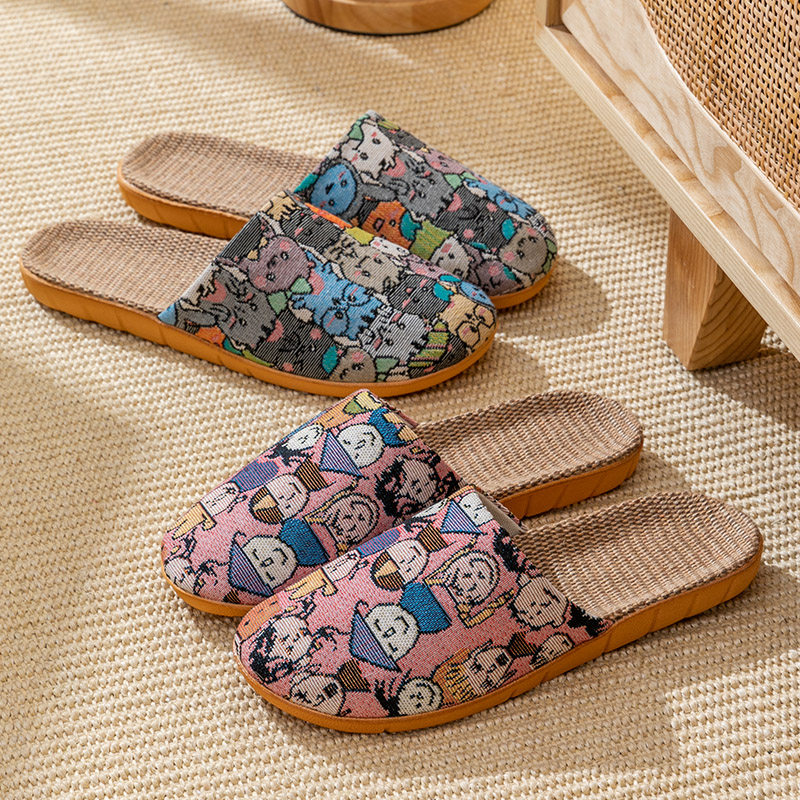 卡通亚麻拖鞋室内家居情侣凉拖鞋女可爱棉麻拖鞋夏天舒适家用