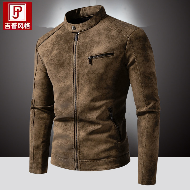 海宁机车皮衣外套男皮毛一体加绒加厚男士皮夹克骑行服春秋季立领