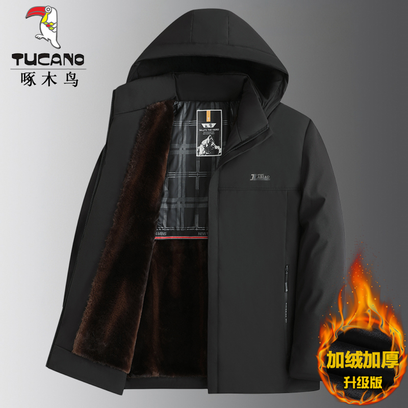 啄木鸟男士加绒加厚羽绒棉服中老年人棉袄爸爸装棉衣派克服外套男