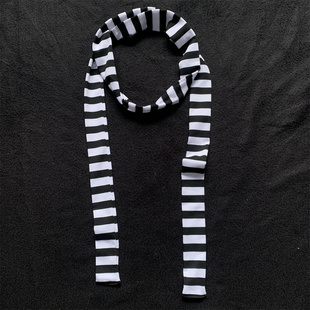 韩系长款百搭配饰长条窄版围脖黑白拼色条纹显白小围巾男女同款秋