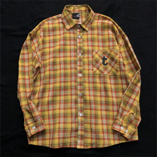 长袖 多巴胺黄格子衬衫 复古黄色男士 美式 衬衣女生格纹春 外套男春季