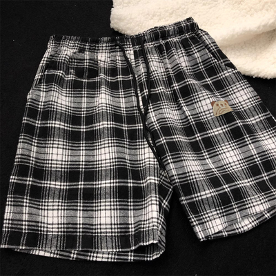 夏季INS复古日系宽松黑白格子休闲裤子百搭沙滩短裤直筒居家睡裤