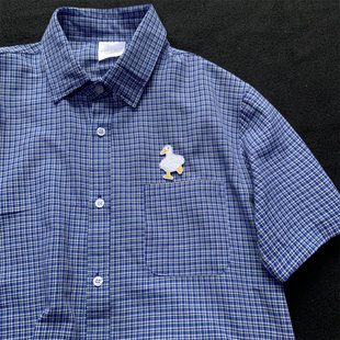 薄款 蓝色细格纹衬衣男半袖 日系格子衬衫 潮牌宽松短袖 上衣 男款 夏季