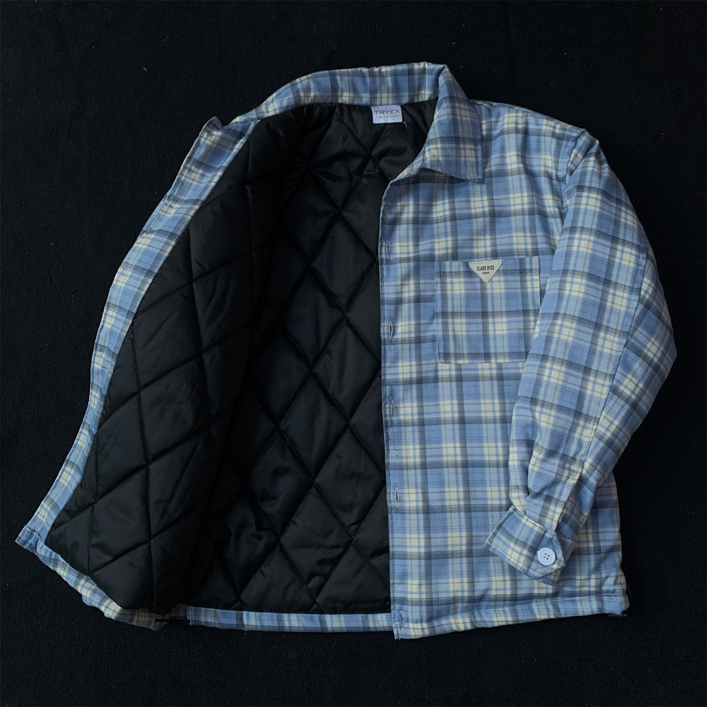 今年流行格子布棉服男秋冬季宽松蓝色格子纹撞色翻领夹棉外套上衣