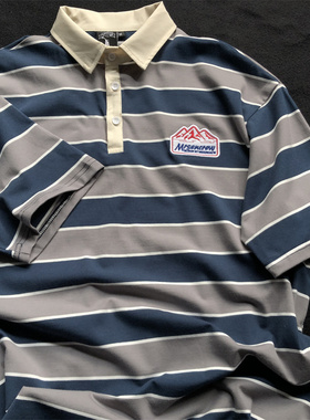 夏季潮牌条纹polo衫男士宽松翻领短袖上衣港风翻领t蓝色灰色条t恤