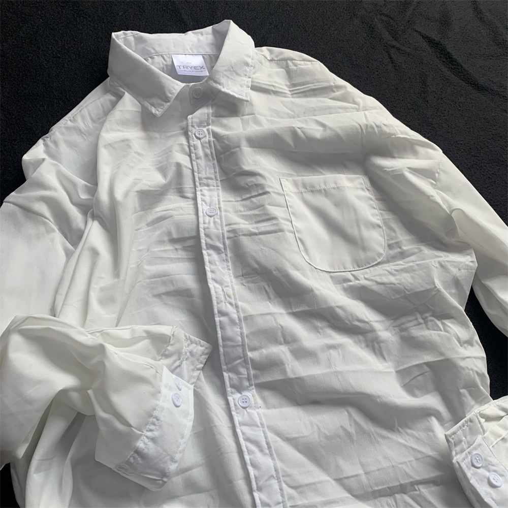 新款长袖防晒衣男女百搭纯色皱褶做旧衬衫外套翻领宽松衬衣简约风