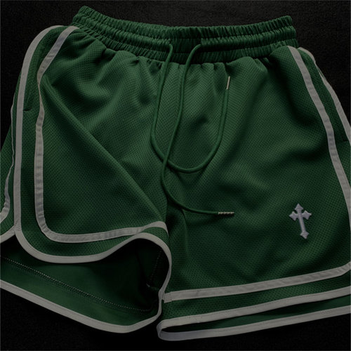 夏季宽松透气运动裤潮男速干织带杠条十字刺绣短裤男士休闲五分裤