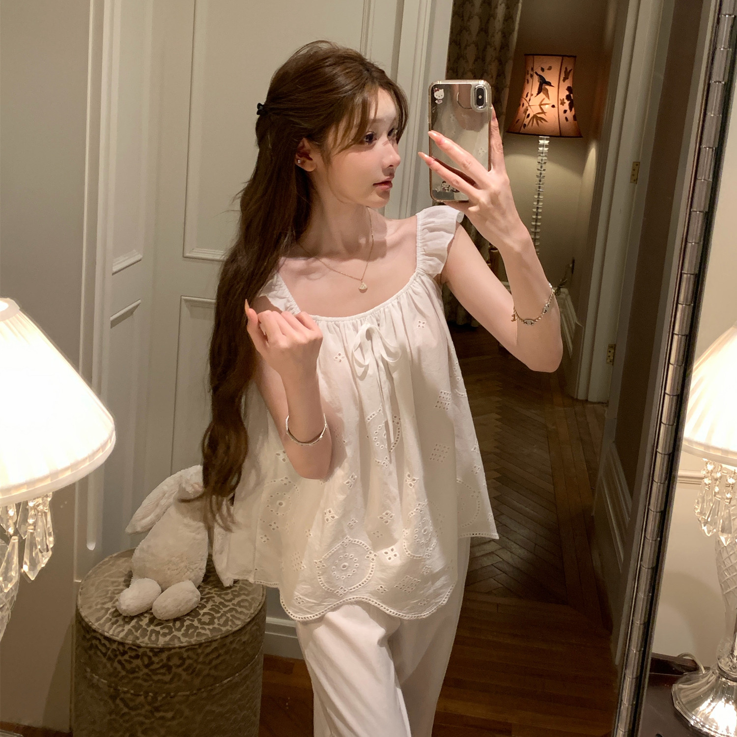 欧若拉睡衣女【云上织花】清甜少女心小吊带长裤梭织纯棉家居服夏