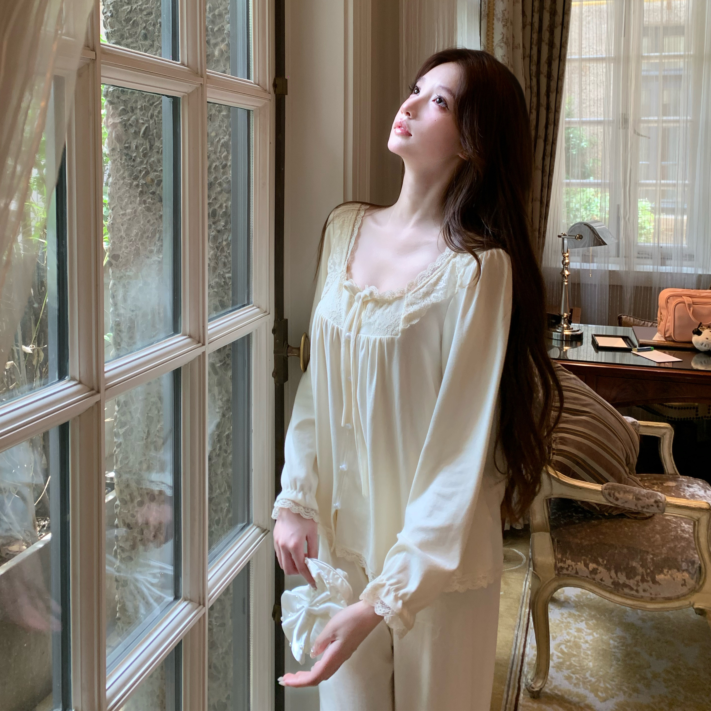 欧若拉睡衣女【法式千金】复古优雅大小姐秋日仿羊绒两件套家居服