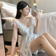 自带胸垫 夏日性感冰丝吊带睡裙带短裤 欧若拉睡衣女 蓝蝶云栖
