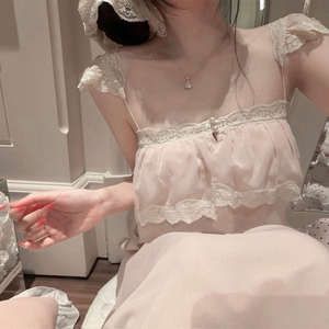 欧若拉睡衣女【易*玲同款】仙仙雪纺纯棉长款法式吊带睡裙带胸垫