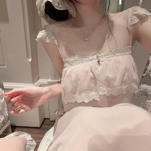 欧若拉睡衣女【易*玲同款】仙仙雪纺纯棉长款法式吊带睡裙带胸垫