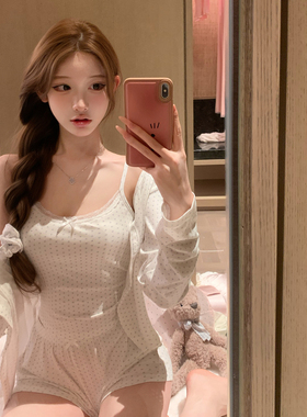 欧若拉睡衣【奶蓝爱心】纯欲bm风【A类亲肤】莫代尔三件套带胸垫