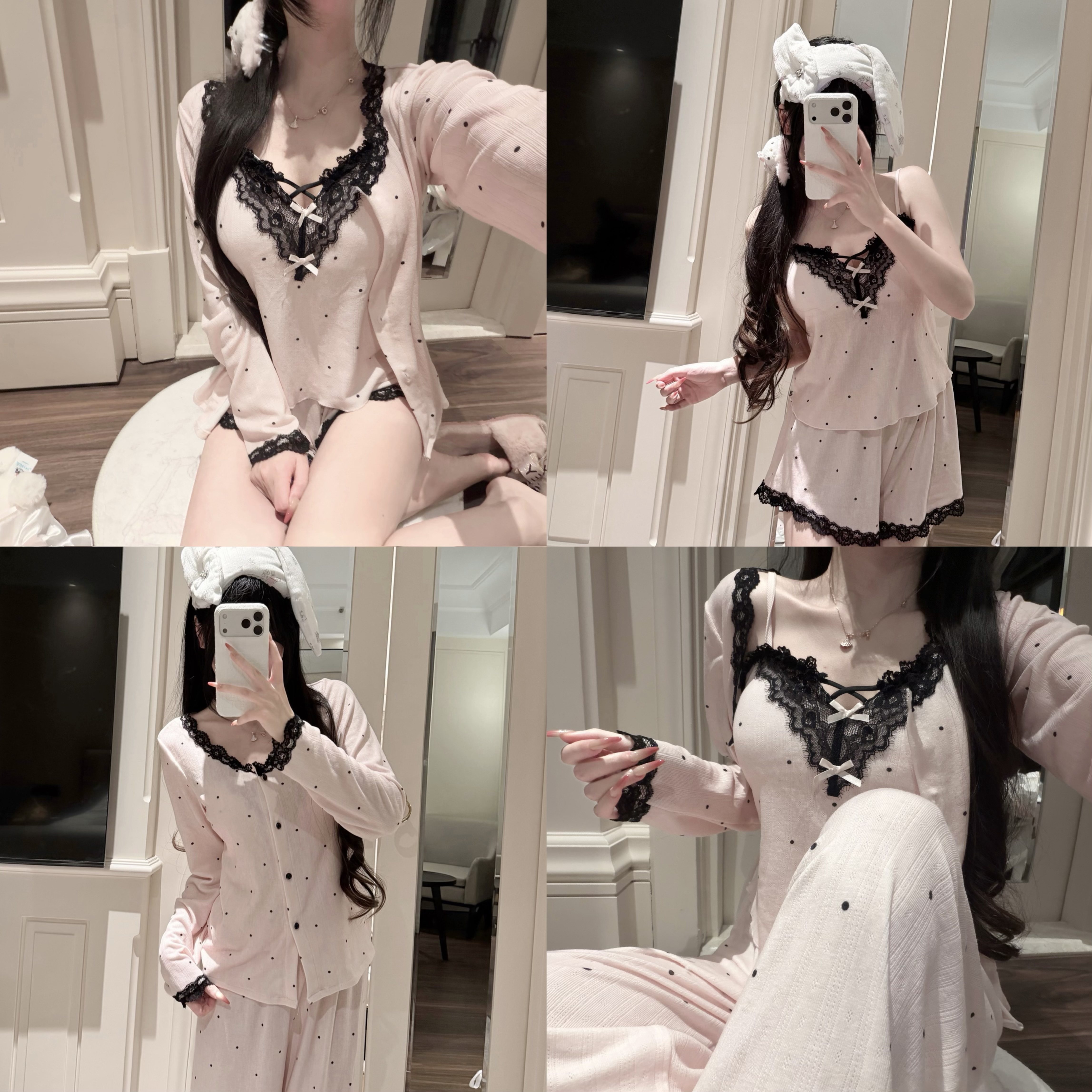 欧若拉睡衣女【甜心波波】早春针织线圈甜欲少女四件套带胸垫睡衣