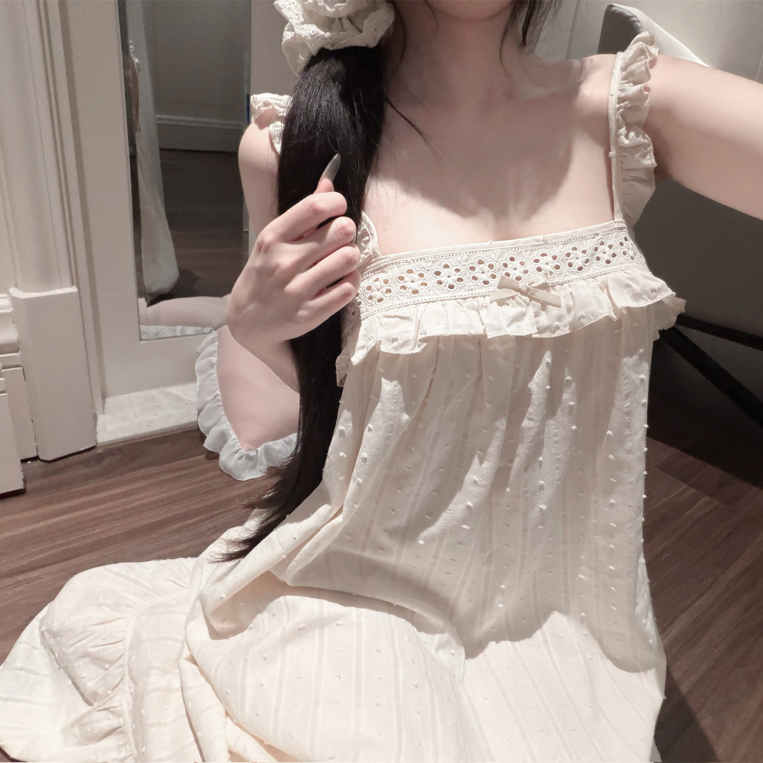 欧若拉睡衣女【复古杏韵】精致法式优雅少女感纯棉吊带长款睡裙夏